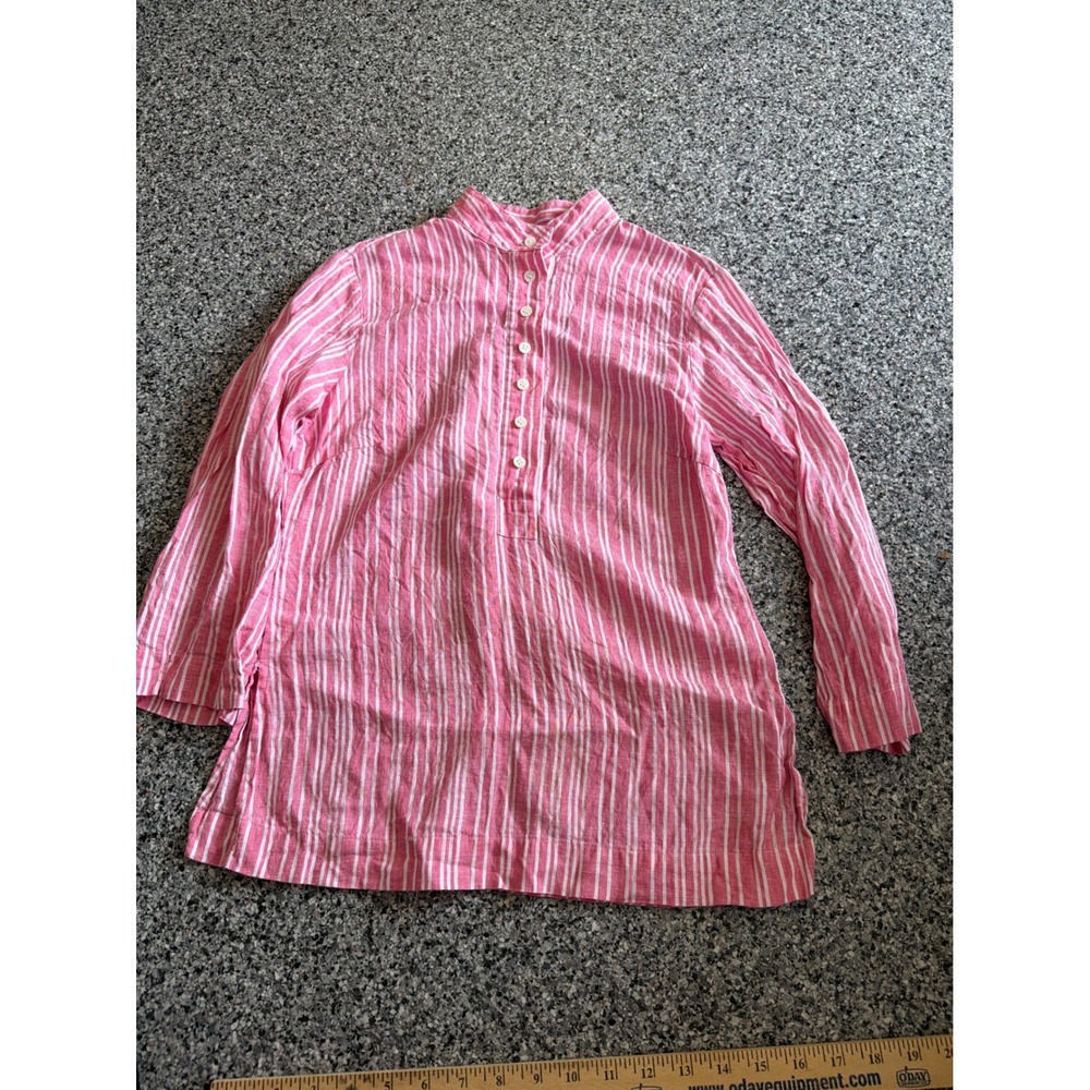 Brooks Brothers Irish Linen Tunic Pink White Striped Mandarin Collar Shirt Sz 4